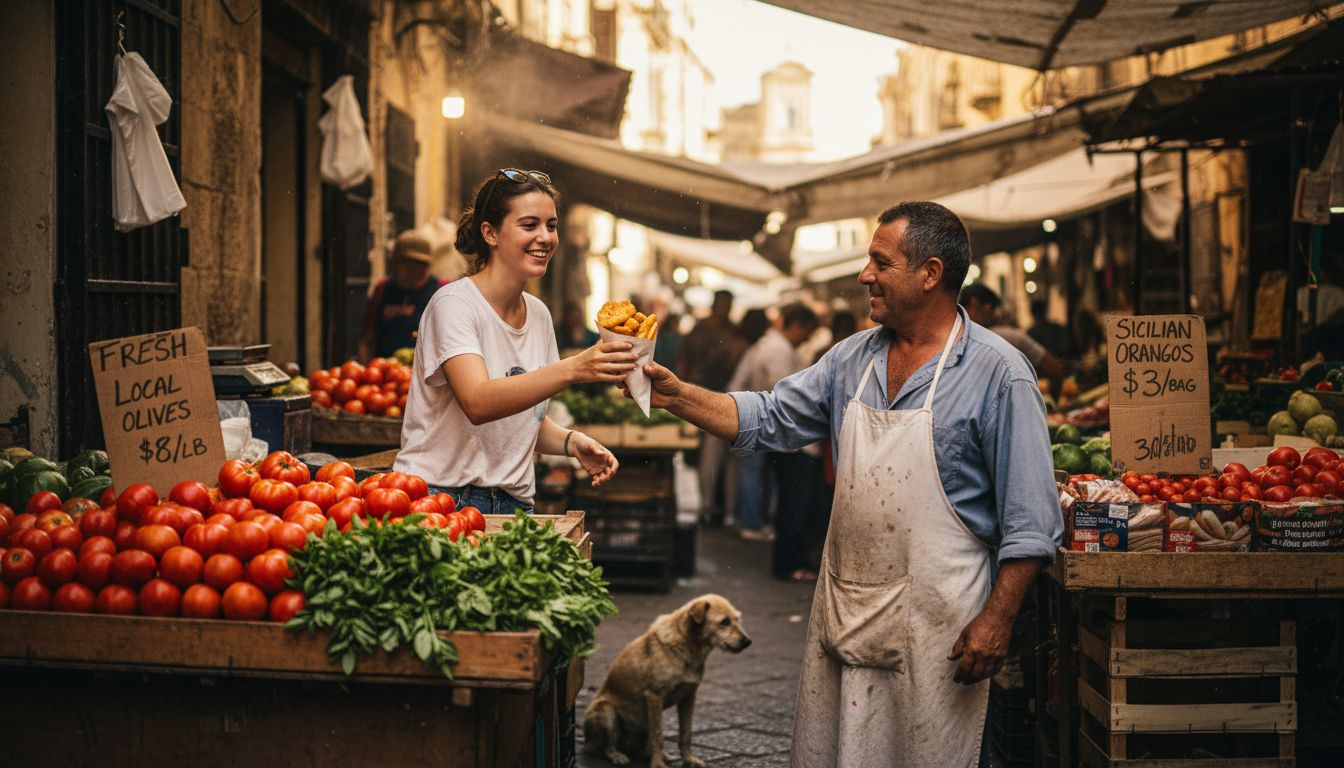 Vendor serving street food in Palermo market
