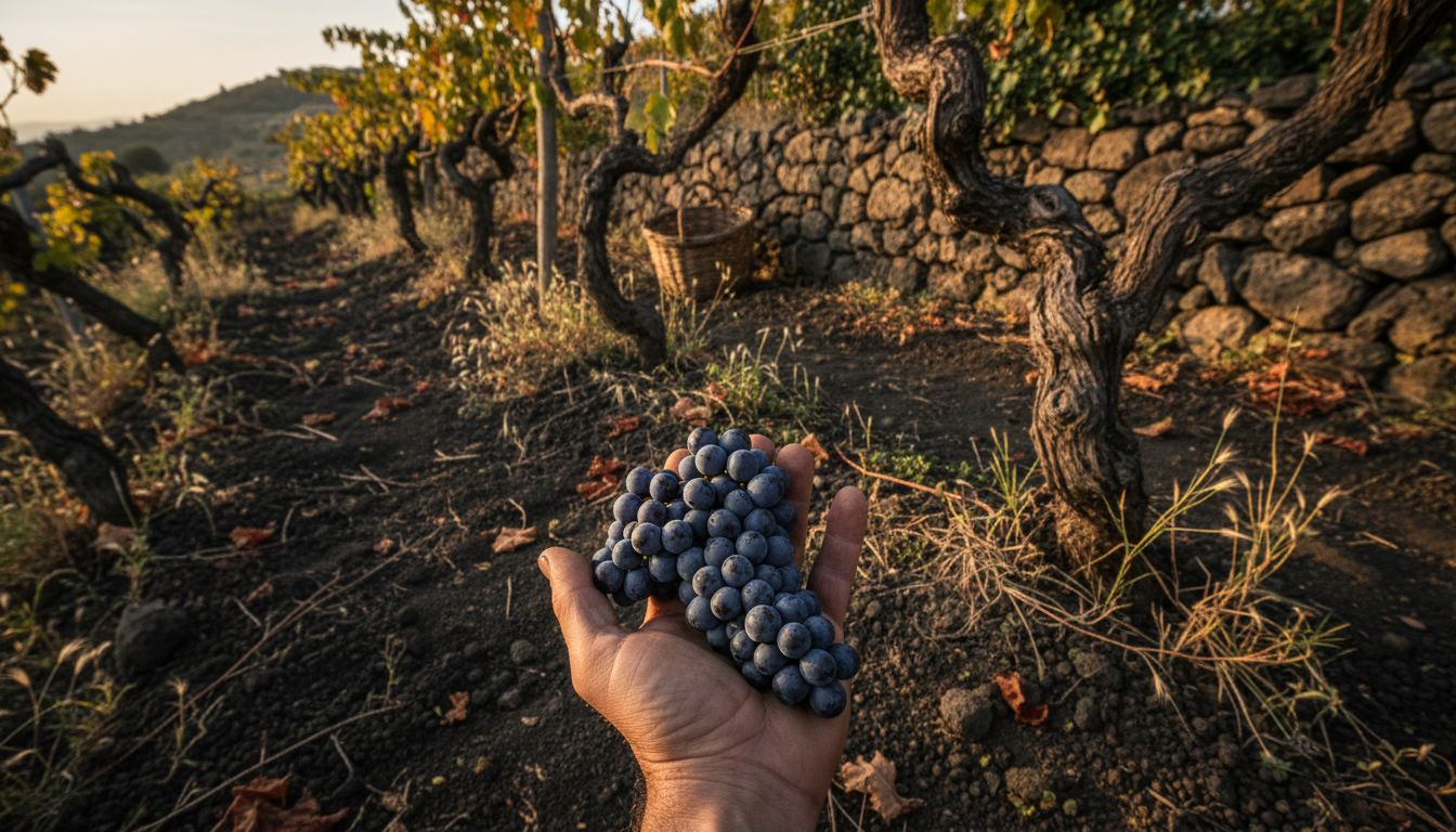 Nero d'Avola grapes with volcanic soil