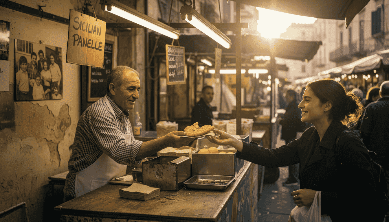 Vendor and customer sharing Sicilian street food