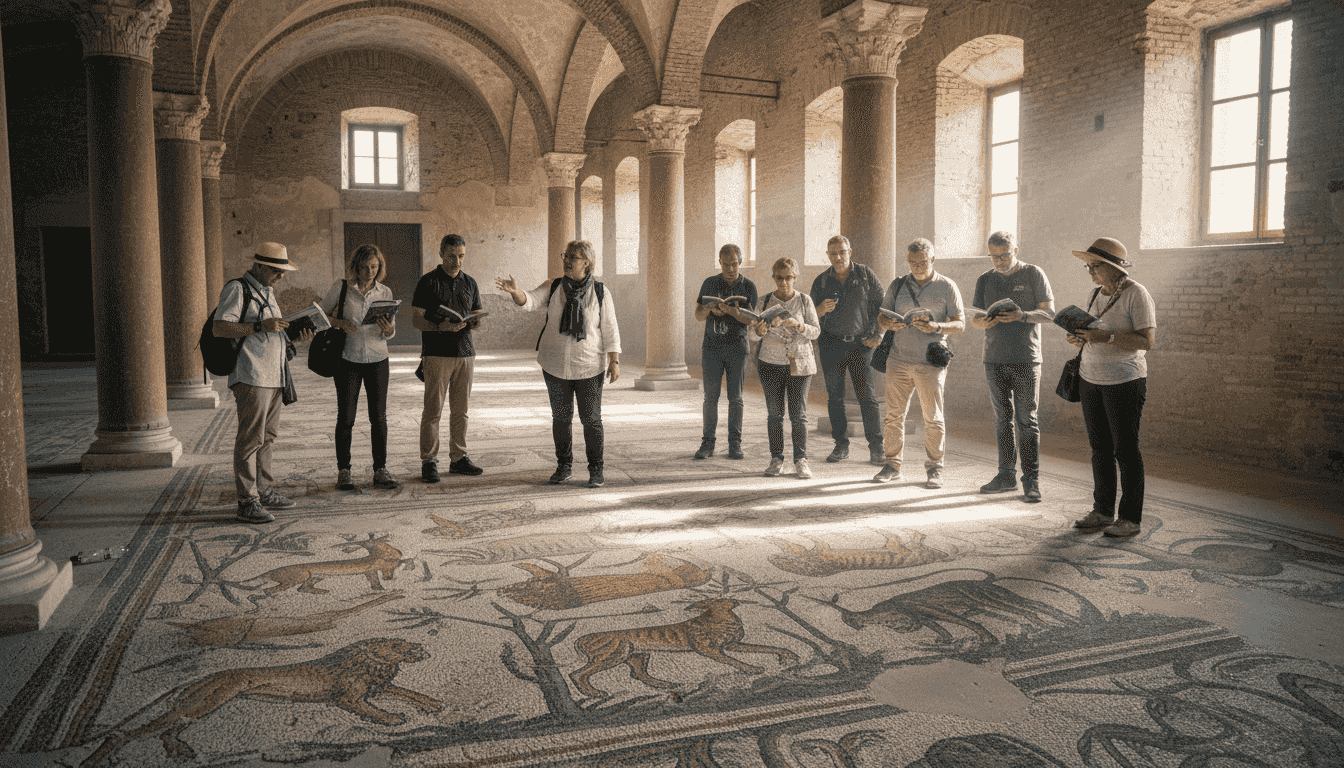 Tourists viewing mosaics in historic Sicilian villa