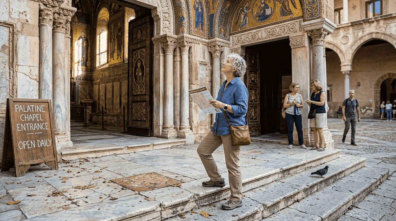 Tourist at Palermo Norman monument entrance