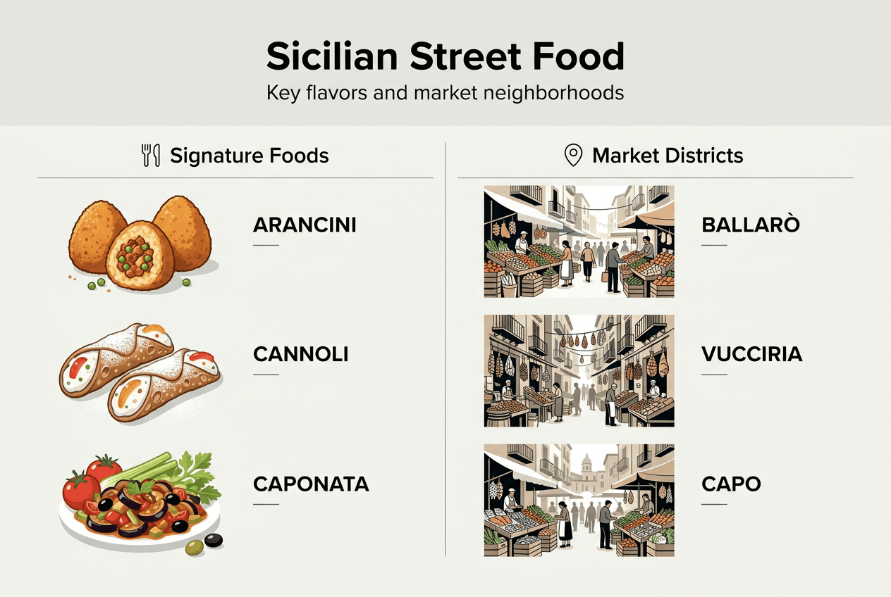 How to create a Sicily itinerary: your 2026 traveler's guide 2 Infographic showing Sicilian street foods and markets
