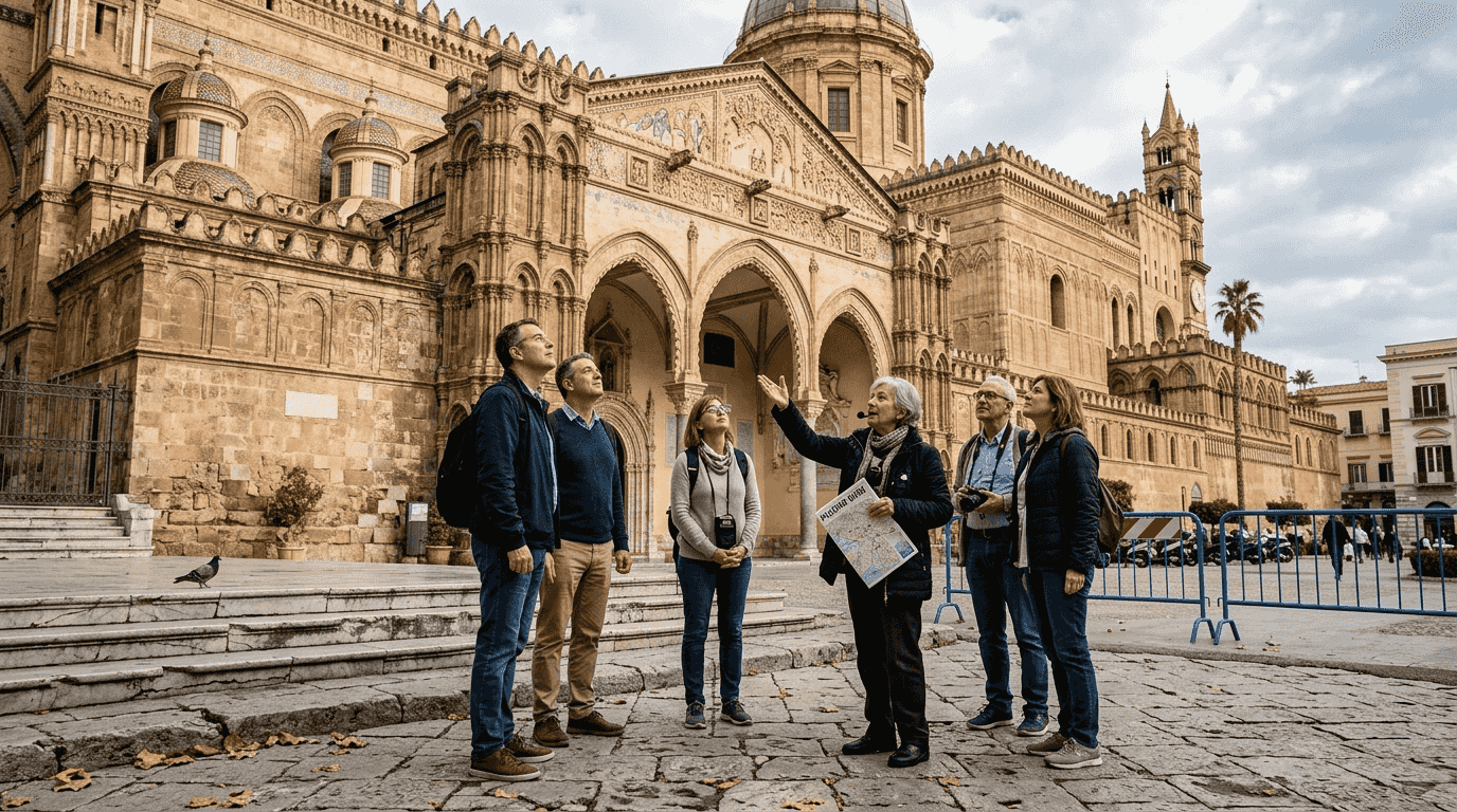 How to create a Sicily itinerary: your 2026 traveler's guide 1 Tourists admire Palermo Cathedral exterior façade