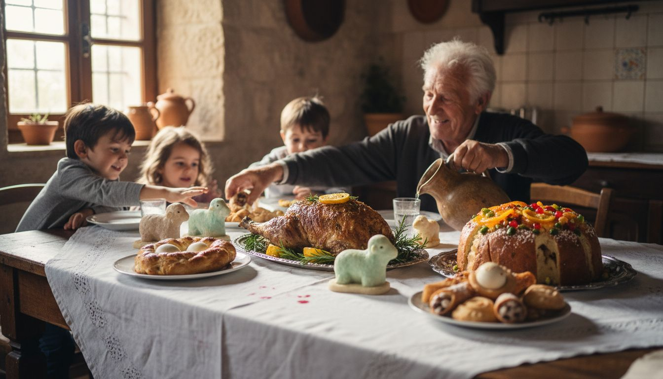 Sicilian family Easter meal with traditional foods
