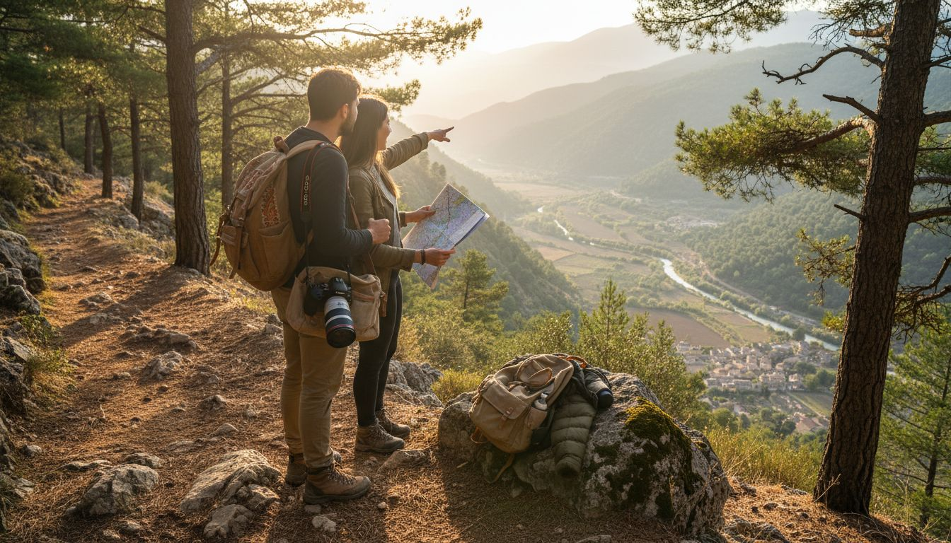 Couple choosing scenic outdoor elopement spot