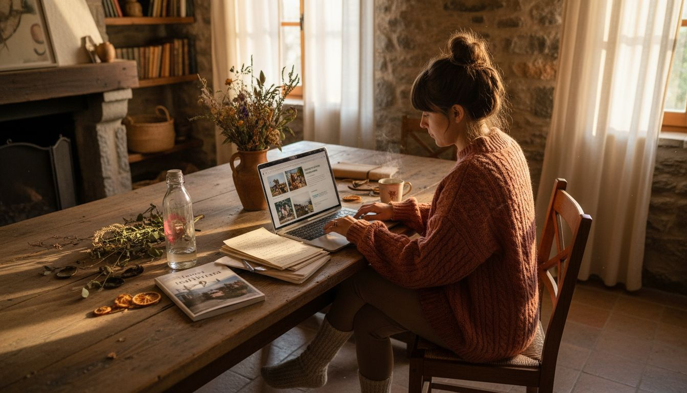Elopement planner working in rustic cabin
