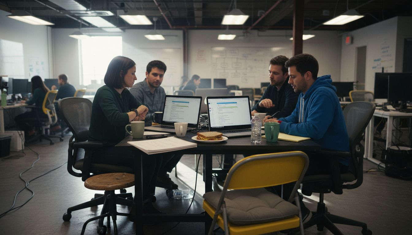Small agile team working in cluttered workspace