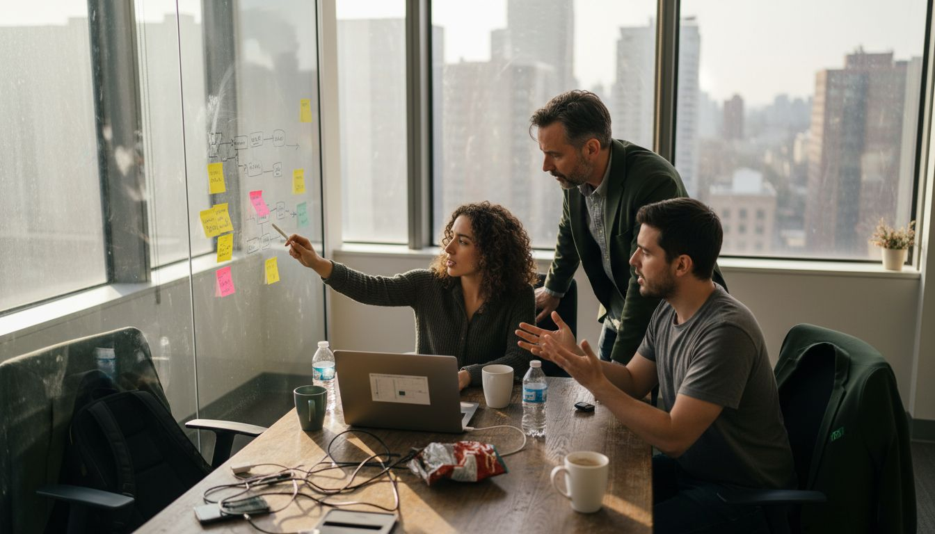 Product team brainstorming in glass-walled corner office