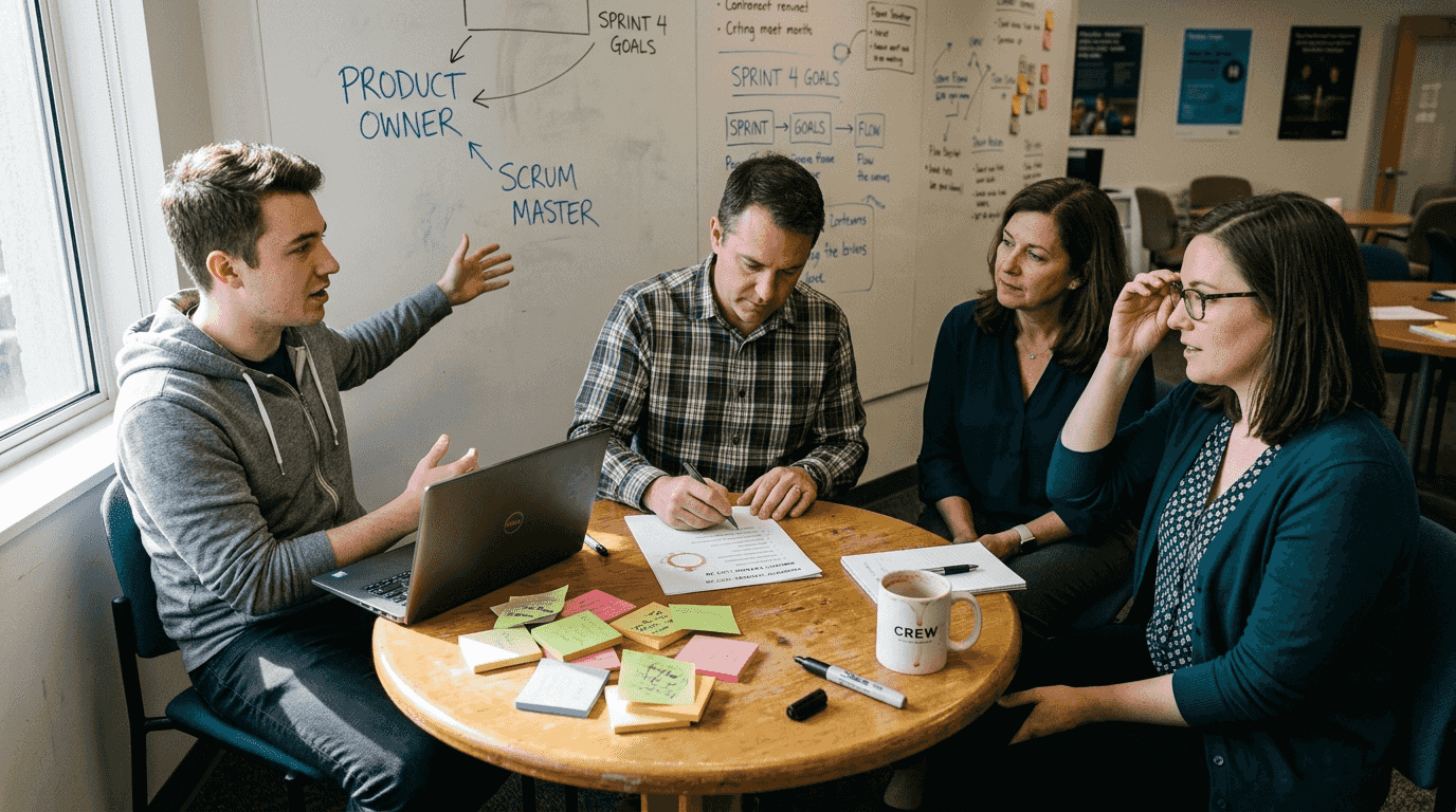 Agile team discussing roles in meeting