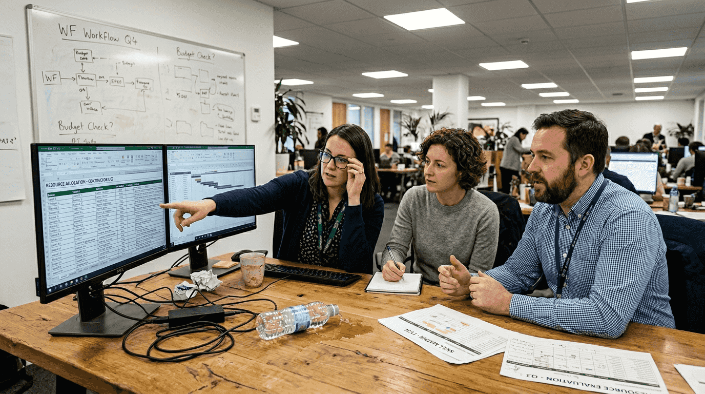 Managers collaborating on AI contract allocation