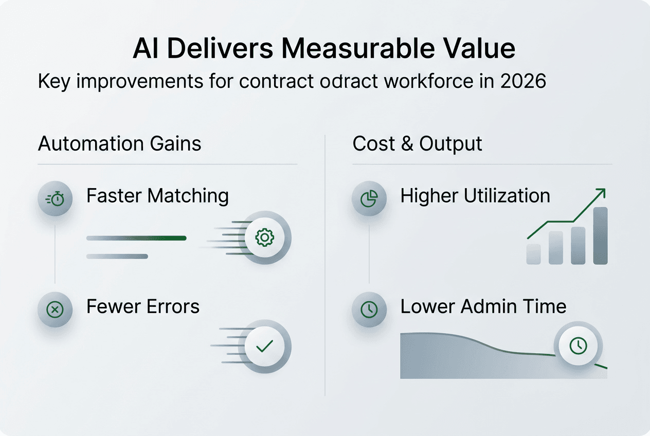 Infographic showing AI workforce benefits and metrics
