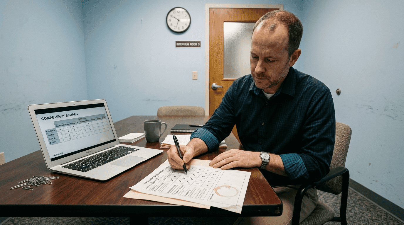 Coordinator completing rubric in interview room