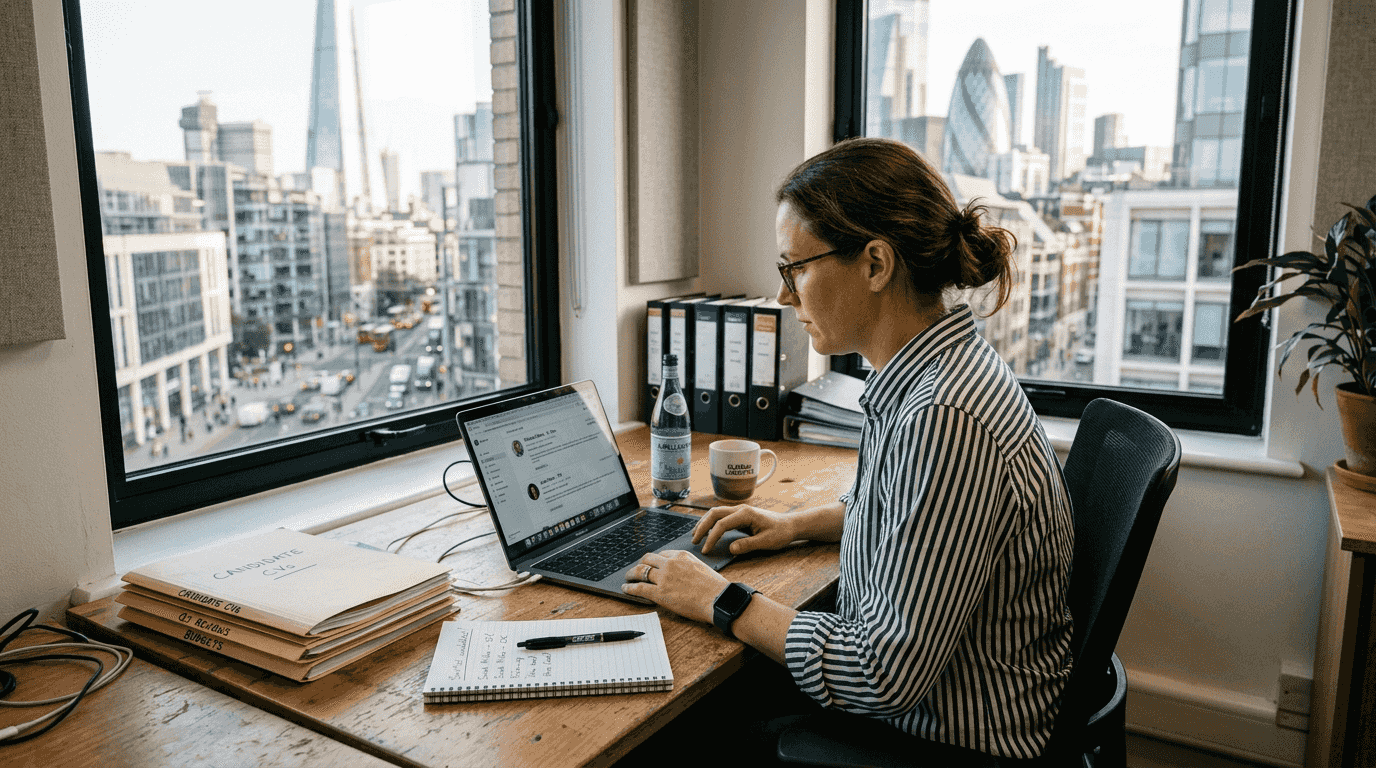 Manager reviewing freelance vetting in office