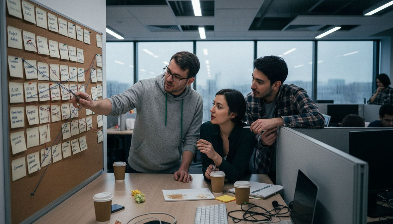 Employees reviewing team network on pinboard