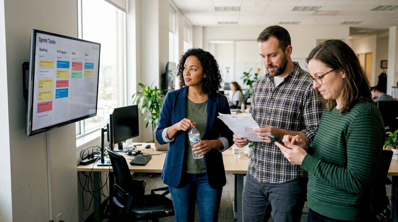 Team doing daily standup in workspace