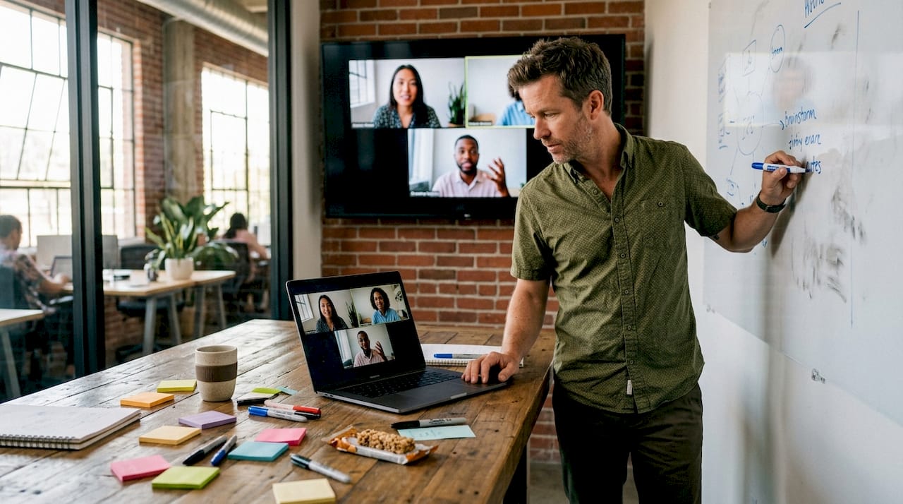 Remote team collaborates using screens and whiteboard