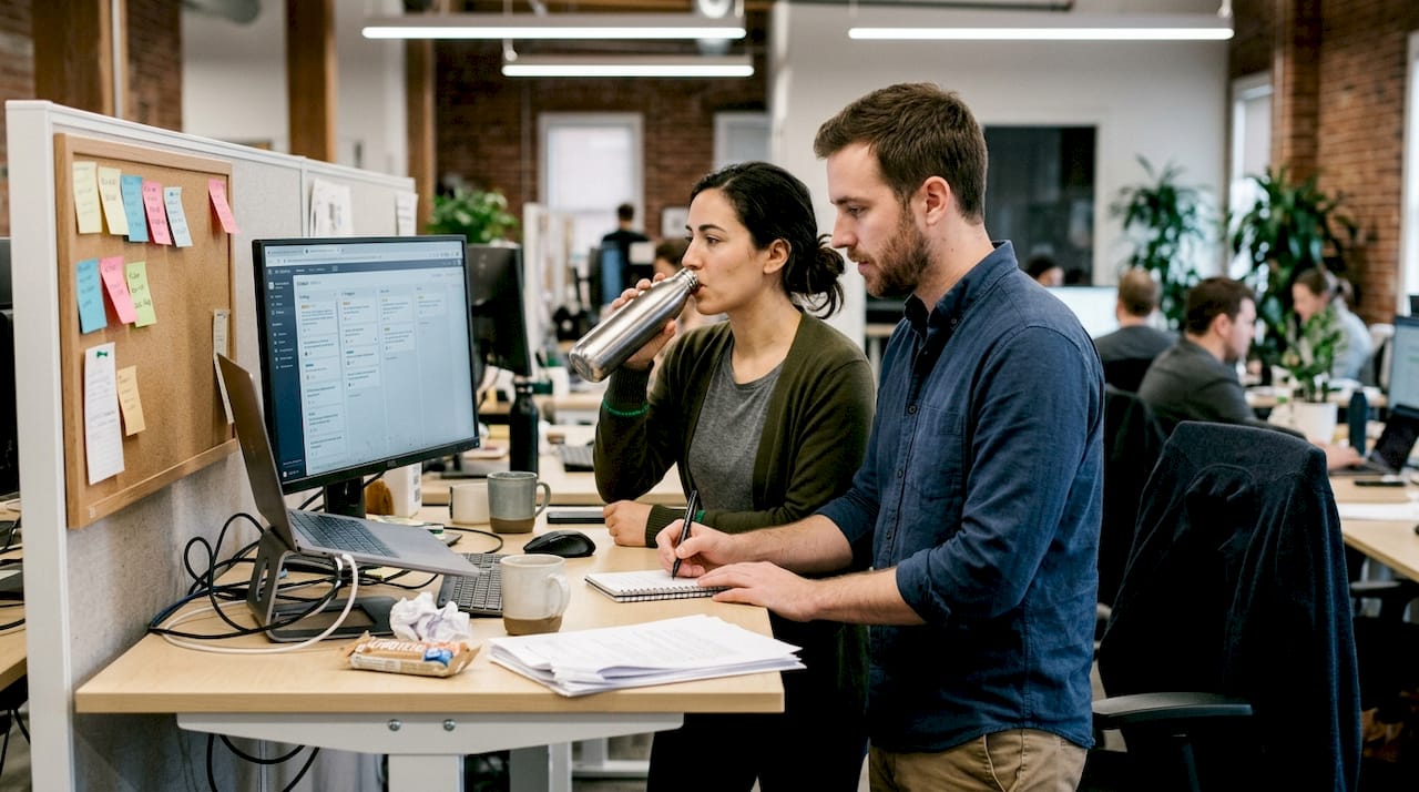 Coworkers reviewing tasks at standing desk