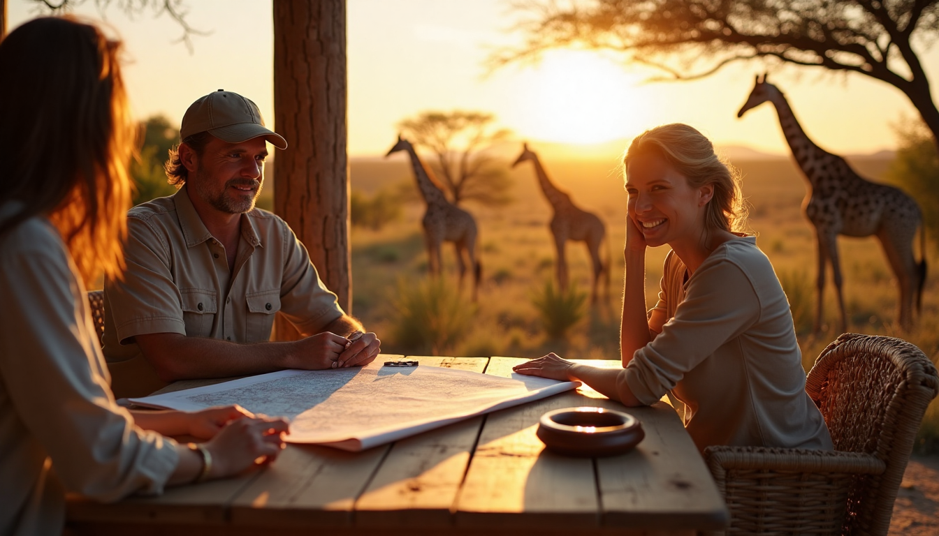 Family and guide planning safari at lodge with giraffes nearby
