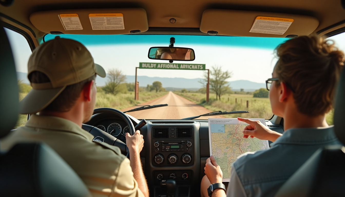 Travelers prepare for a self-drive safari at African reserve gate