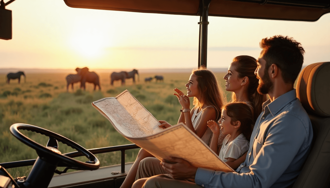 Family on safari viewing elephants and zebras
