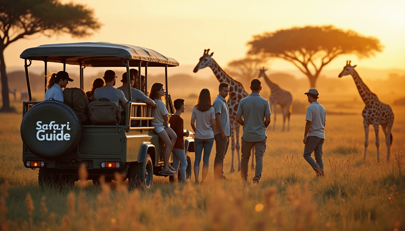 Travelers board safari vehicle at sunrise with ranger