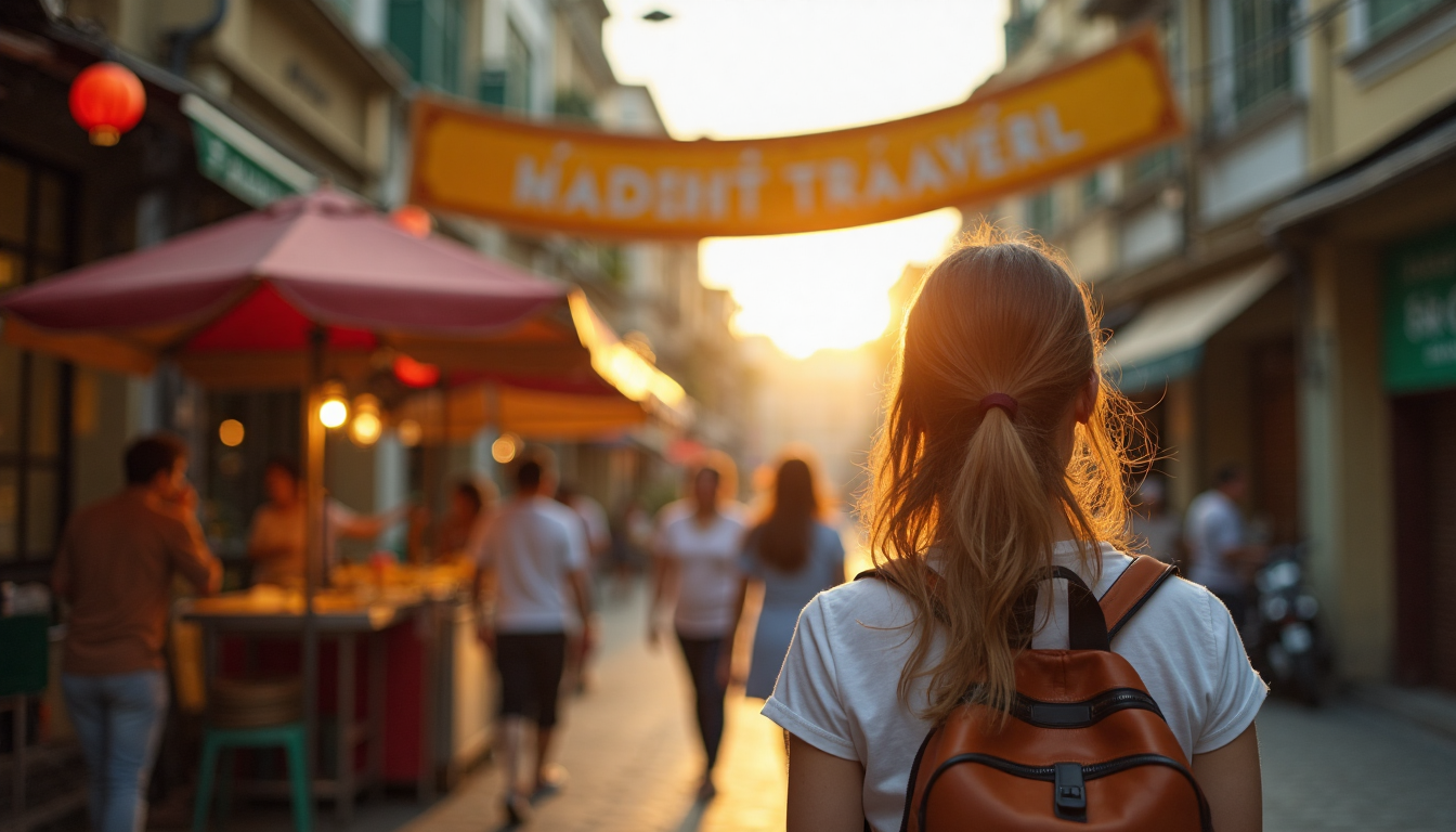Solo traveler in Hanoi at sunset exploring street market
