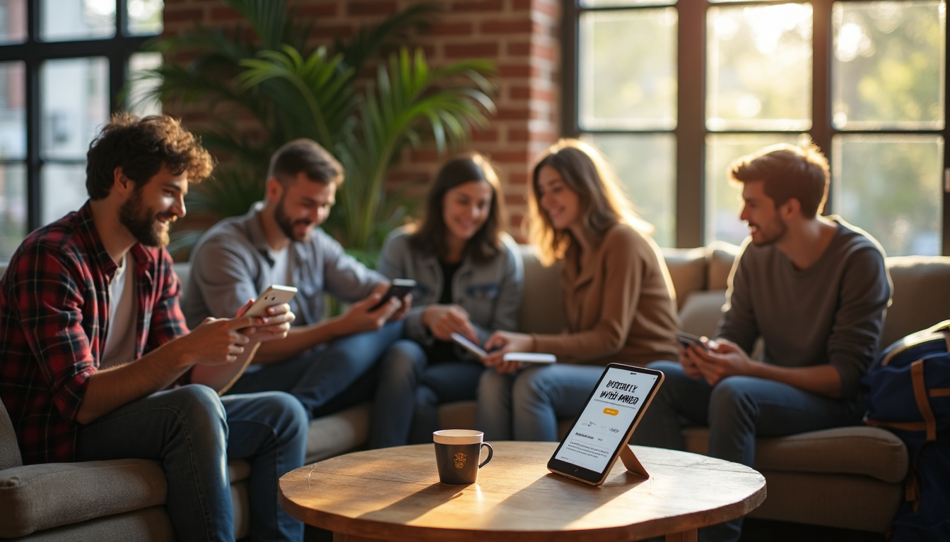 Solo travelers using apps in sunny hostel common area
