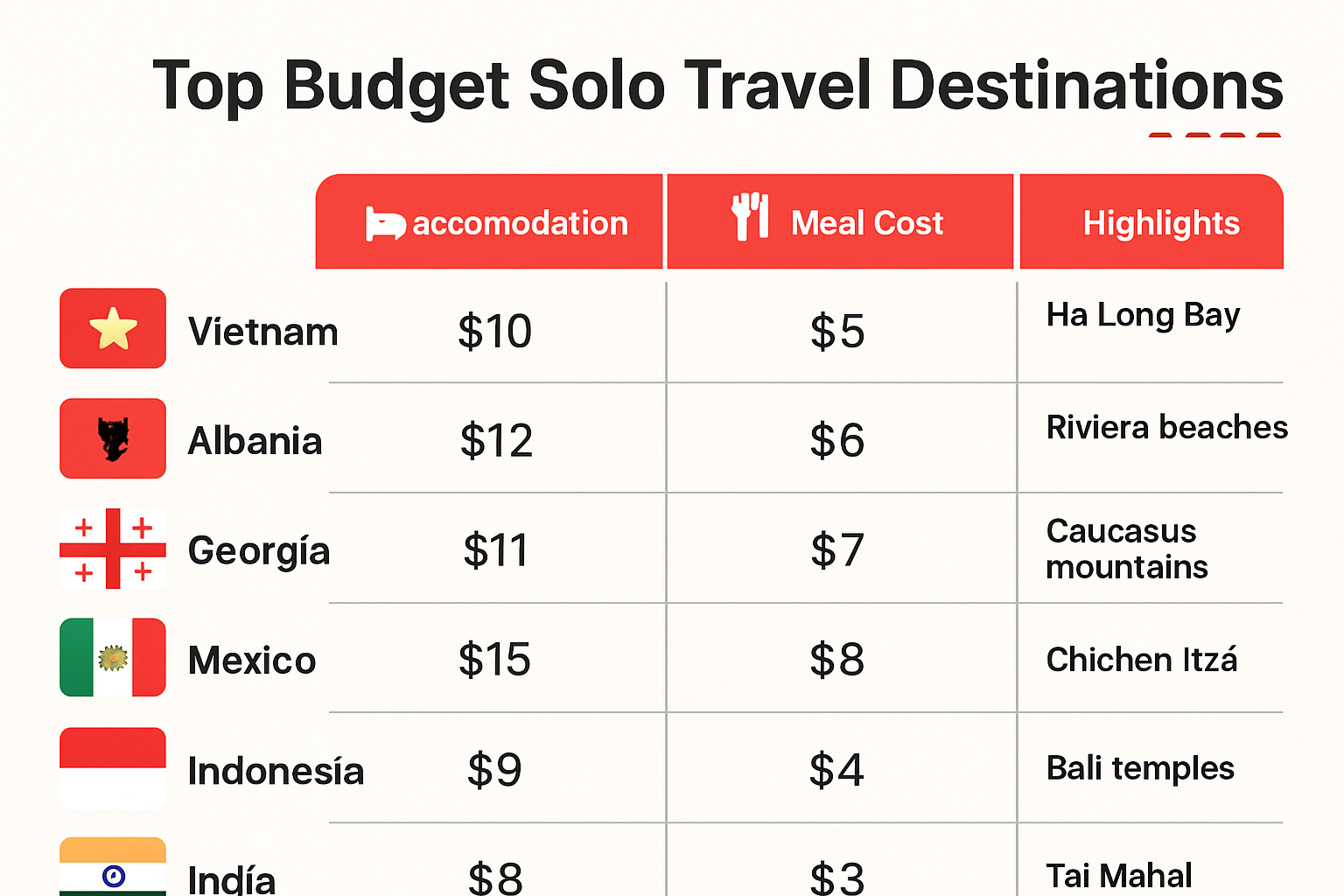 Infographic comparing costs and features for top solo travel destinations