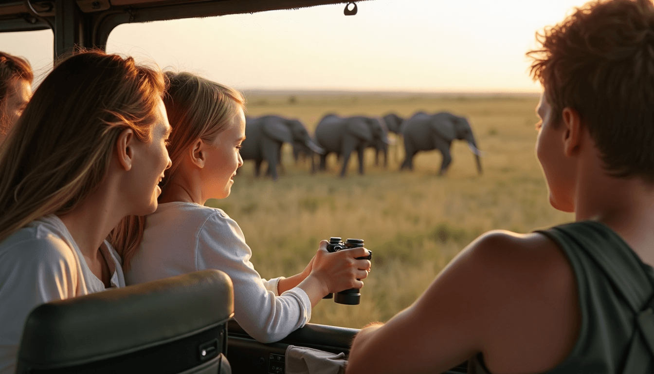 Family in safari vehicle observing elephants with guide
