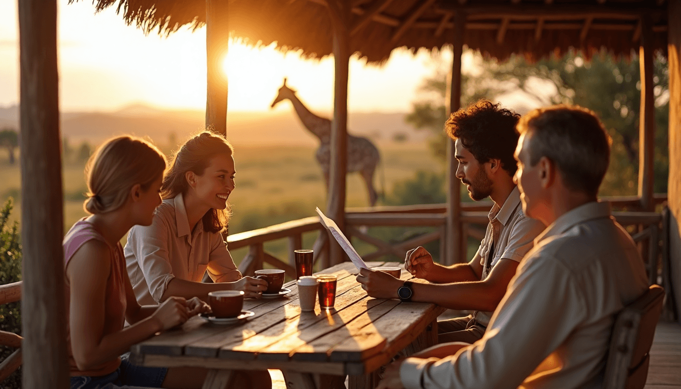 Travellers with guide planning safari on lodge veranda at sunrise