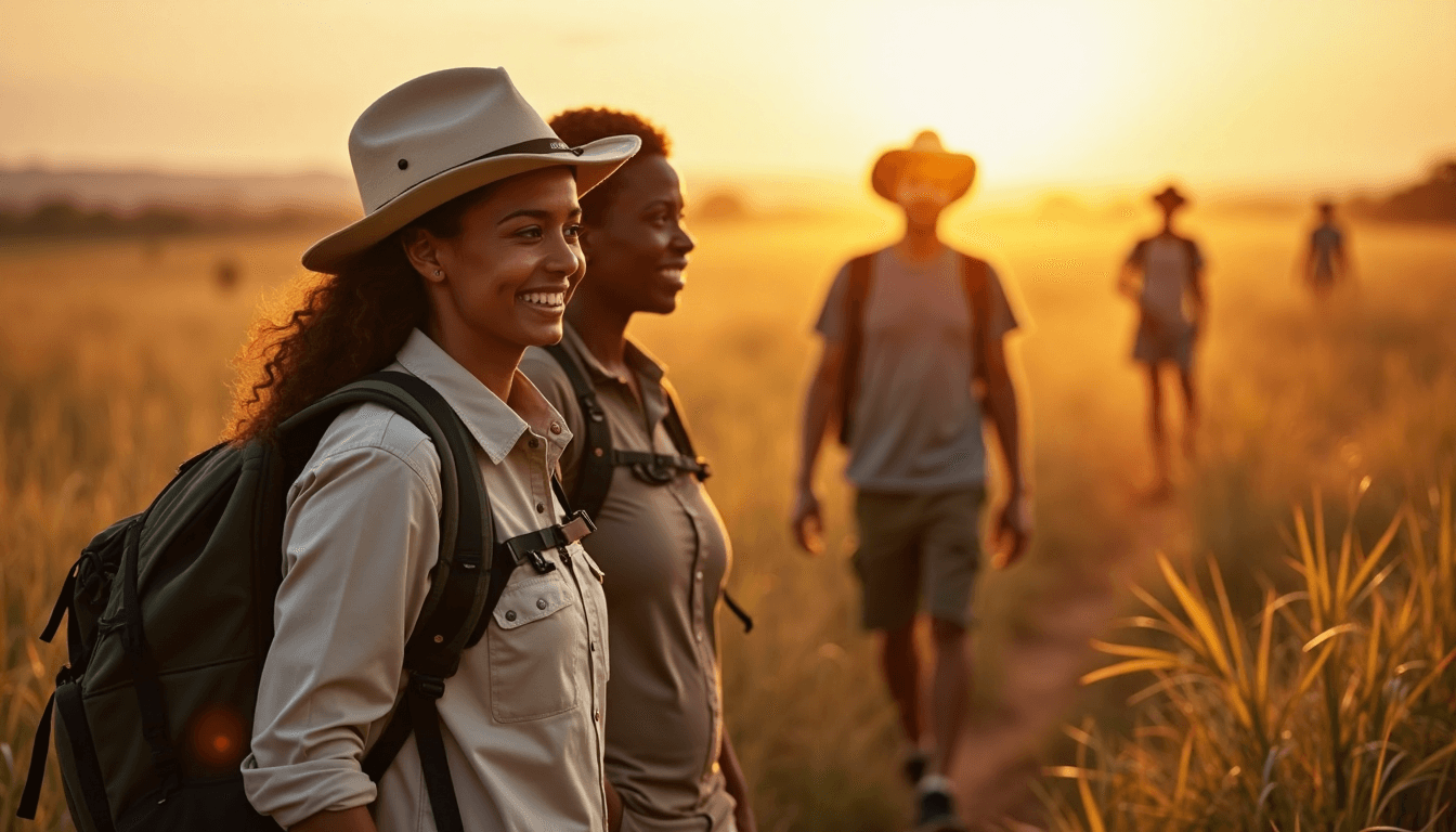 Group walking safari at sunset in African savannah