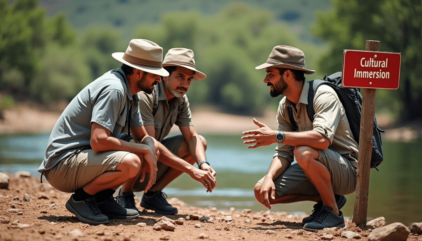 Safari guide shows animal tracks to travelers on riverbank