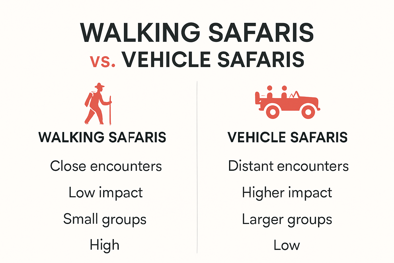 Comparison of walking safaris and vehicle safaris in Africa