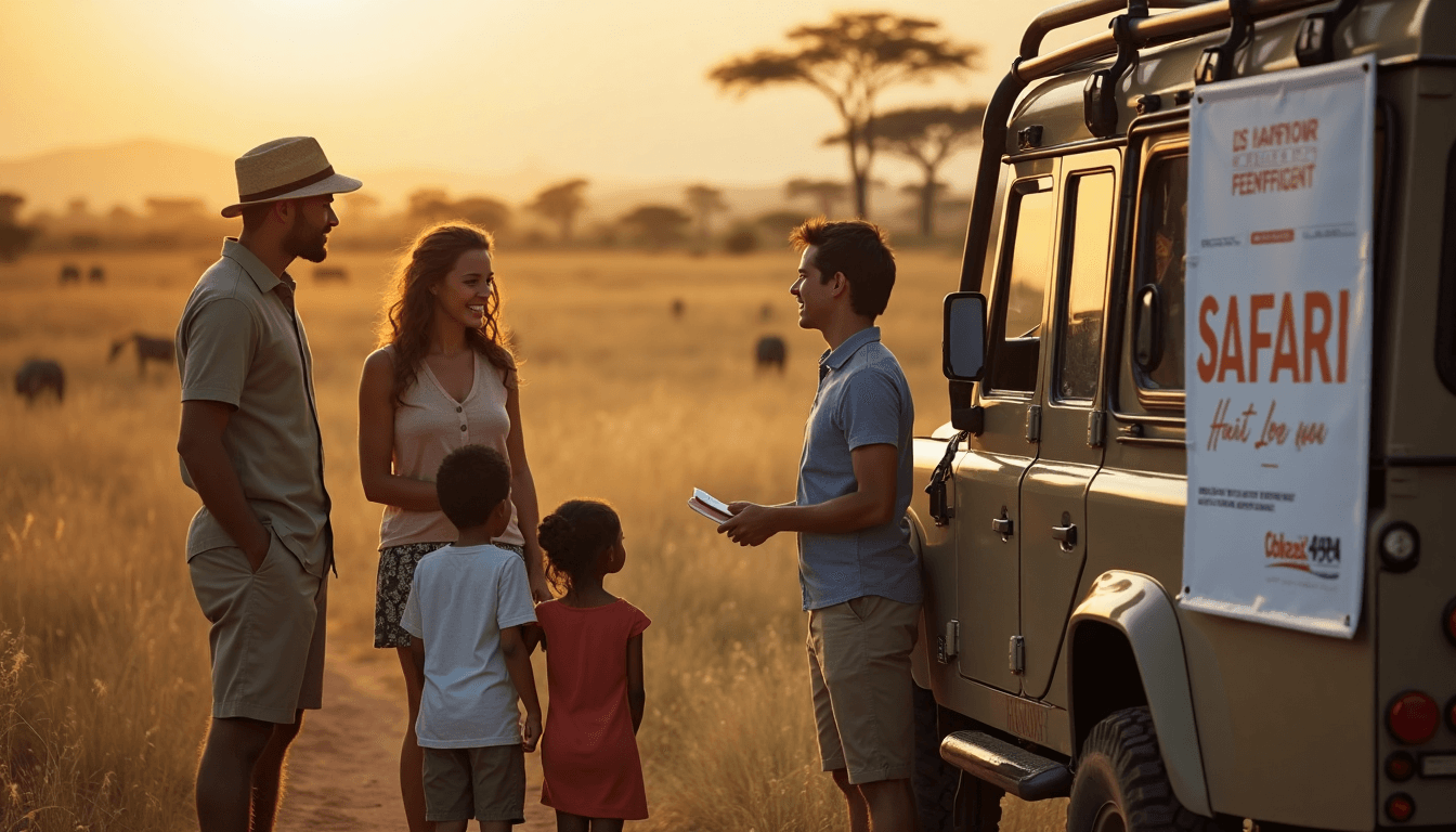Family and guide review safari safety at sunrise by vehicle