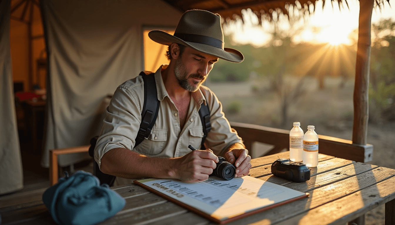 Traveler checks first aid kit and gear at safari tent