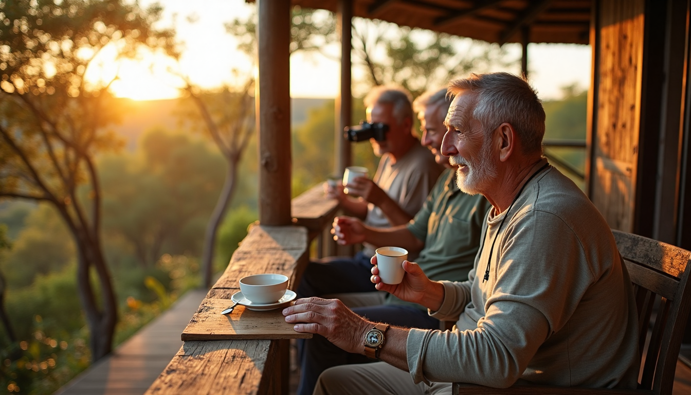 Seniors enjoying safari sunrise on lodge veranda
