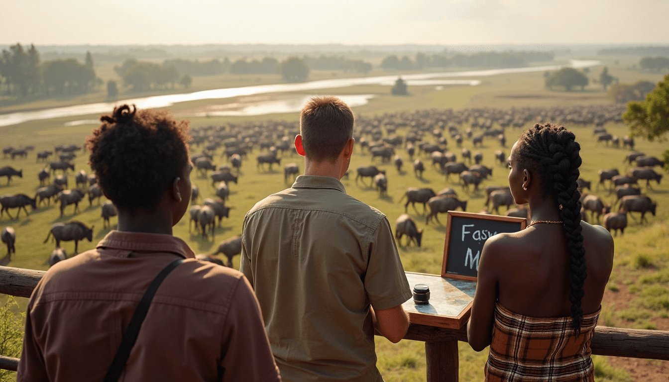 Tourists watch wildebeest river crossing in Maasai Mara