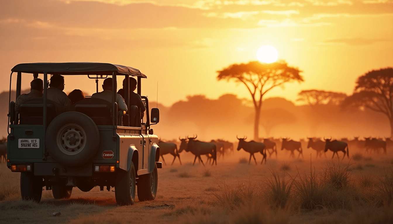 Safari vehicle watches wildebeest crossing at sunrise