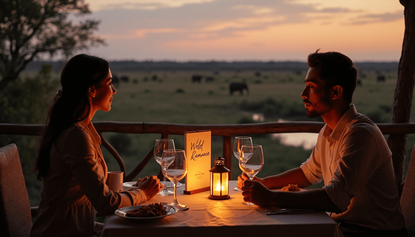 Couple dining privately at safari lodge with elephants at dusk