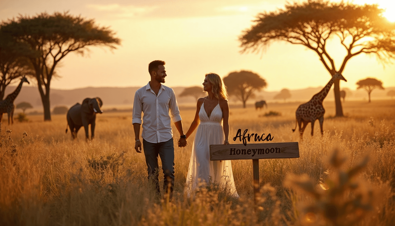 Joyful honeymoon couple on African savannah with wildlife at sunset