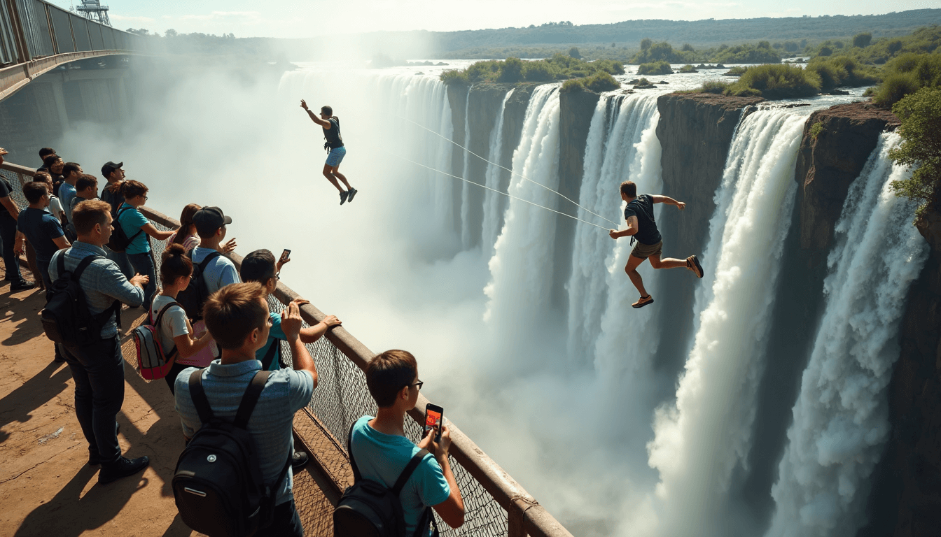 Bungee jumpers above Victoria Falls gorge and waterfall event banner