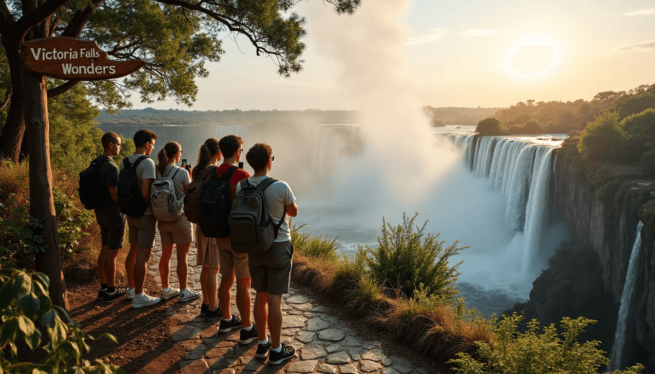 Travelers admiring sunrise at Victoria Falls with rainbow and sign