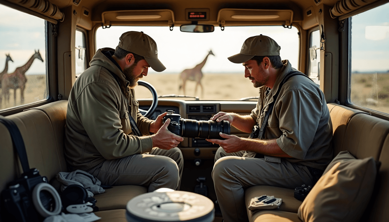 Safari photographers preparing camera gear with 'Camera Gear' reference visible