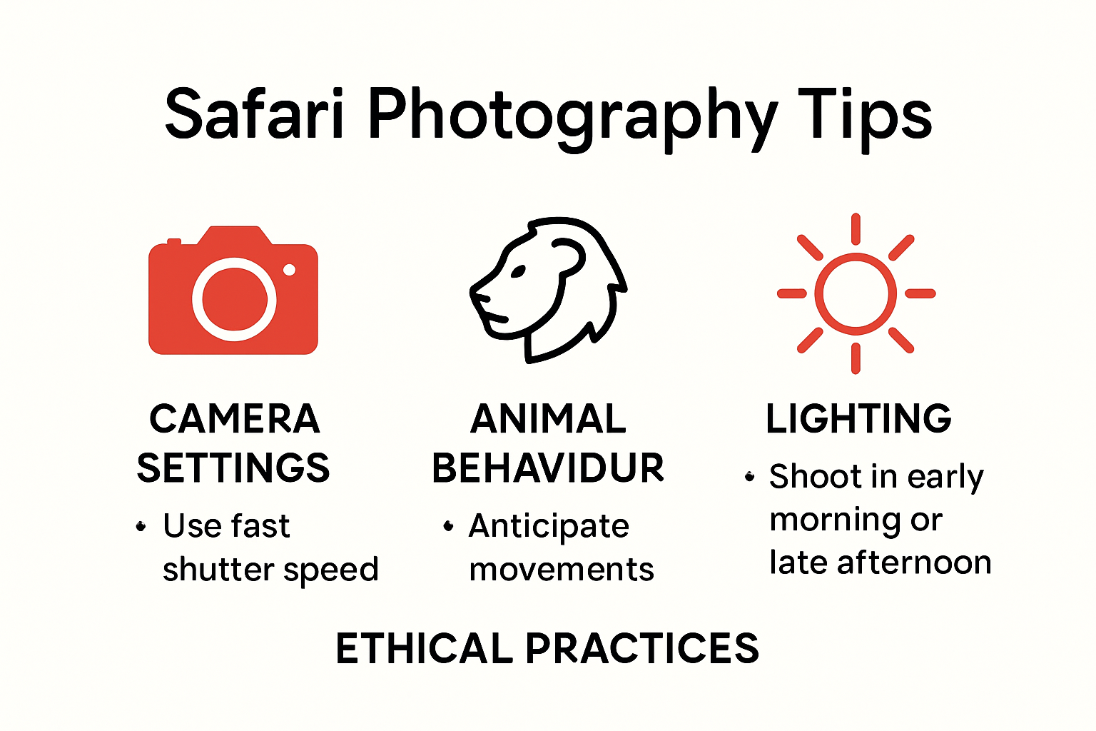 Infographic showing key safari photography tips and best practices