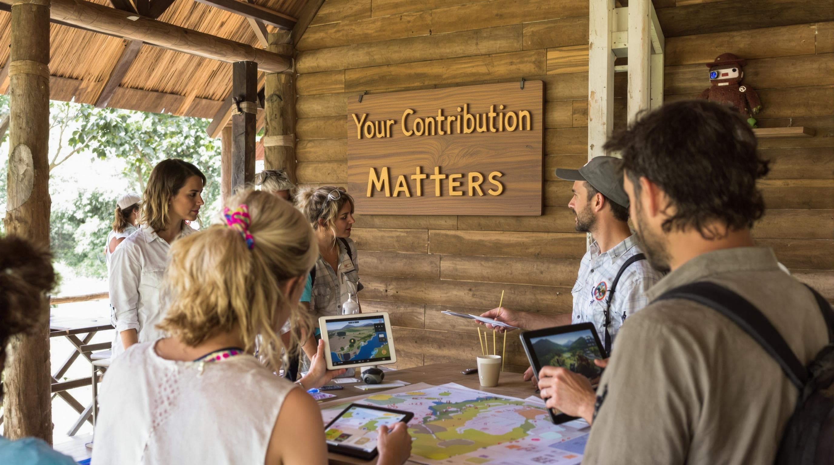 Travelers and conservationists discussing projects at an African eco-lodge, emphasizing engagement