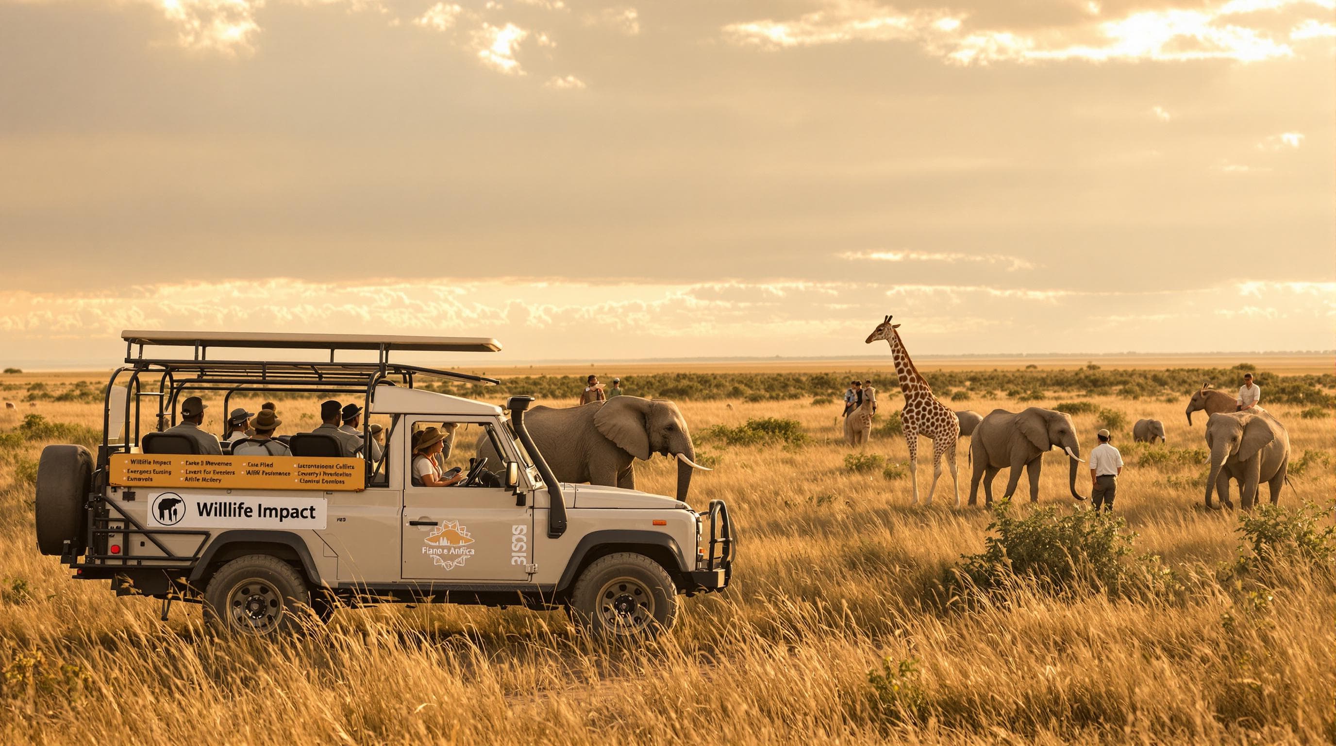 Tourists and guides watching African wildlife at sunrise, highlighting eco-tourism impact