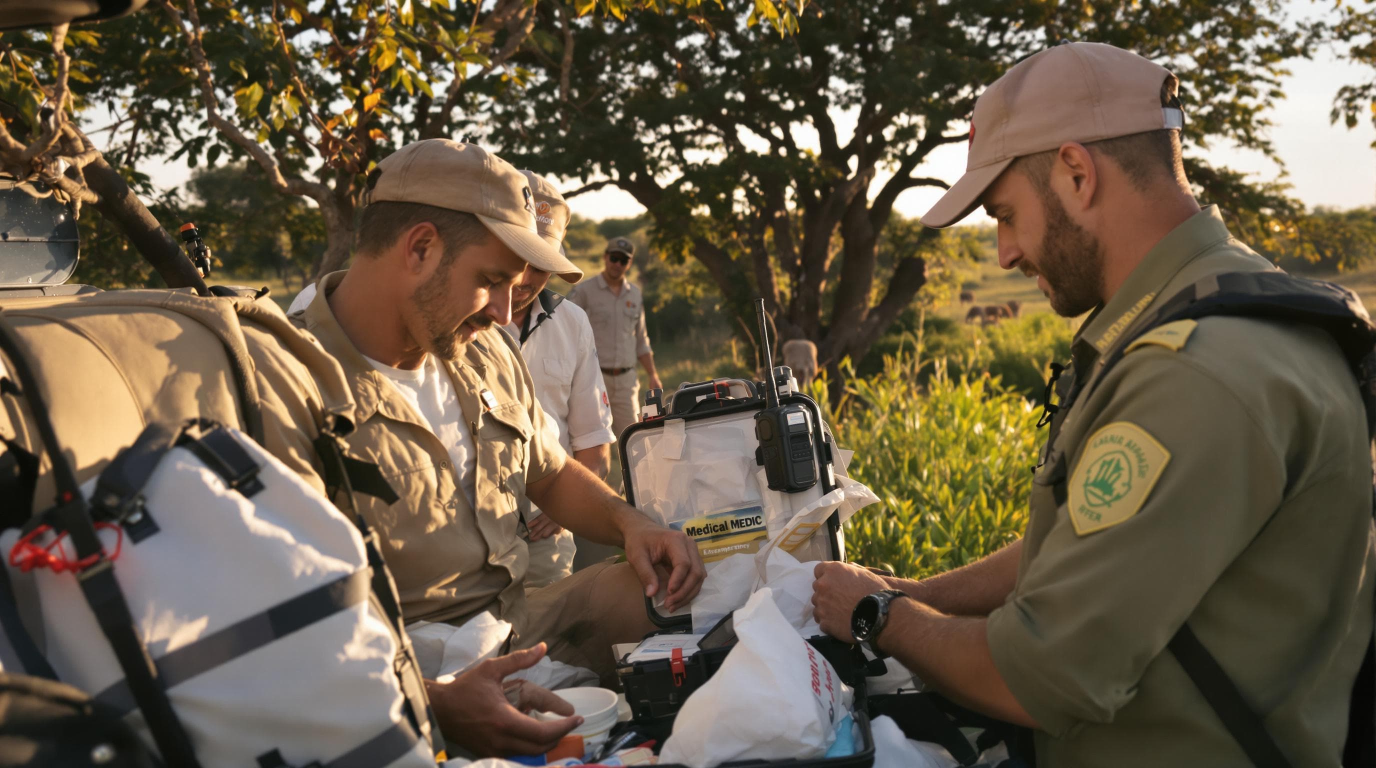Safari medic assisting traveler with medical kit beside jeep in bush