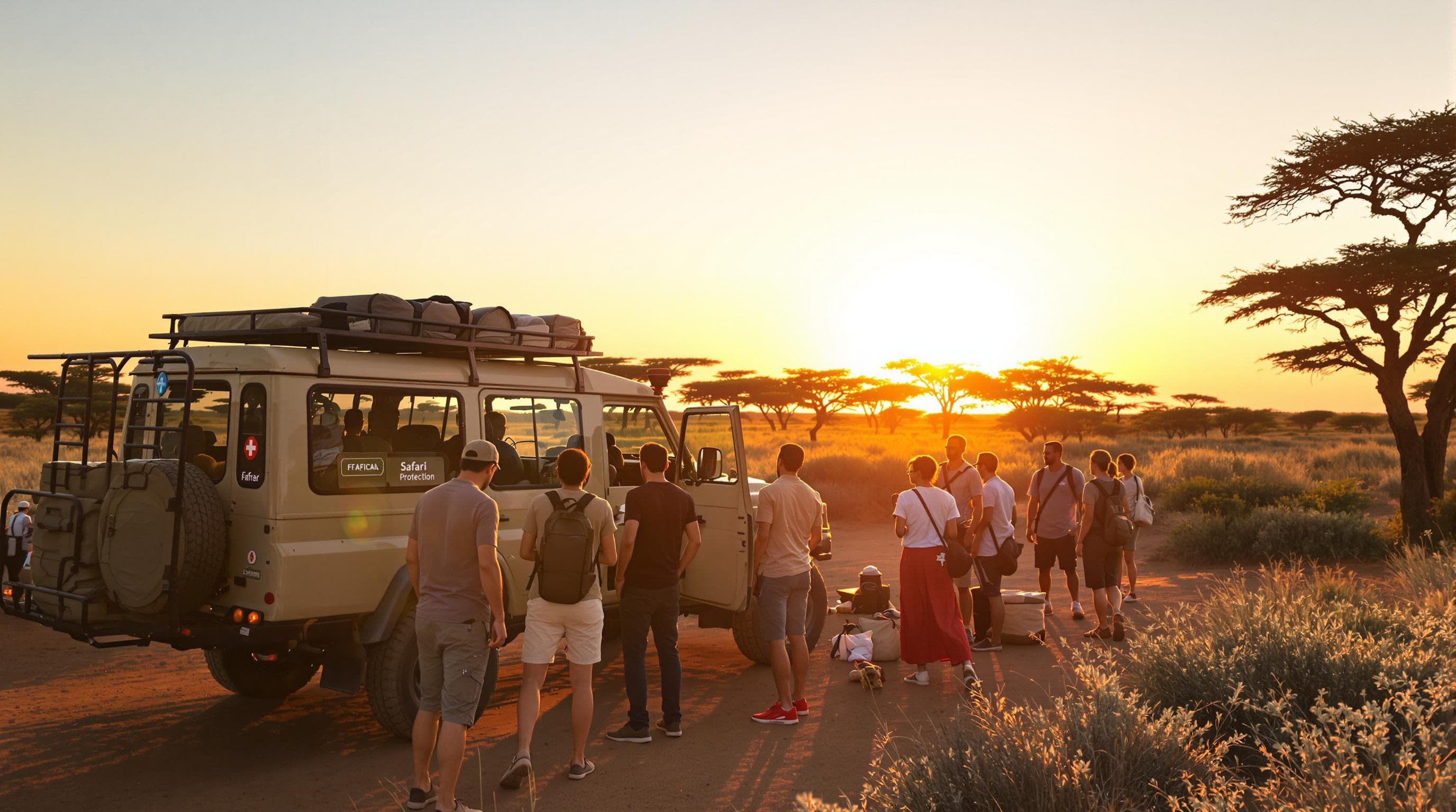 Travelers prepping with safari gear and vehicle at African wilderness sunrise