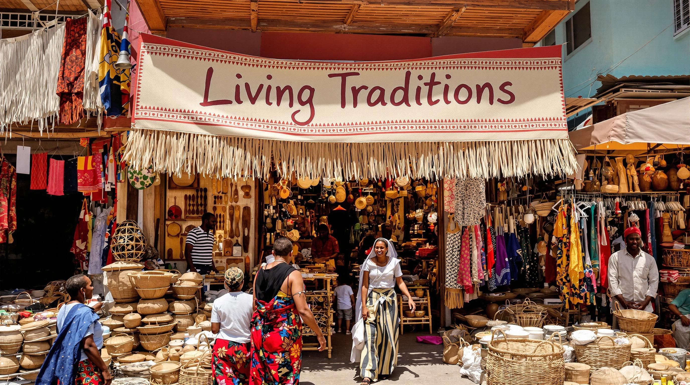 Locals and visitors dance together in Stone Town market with 'Living Traditions' banner