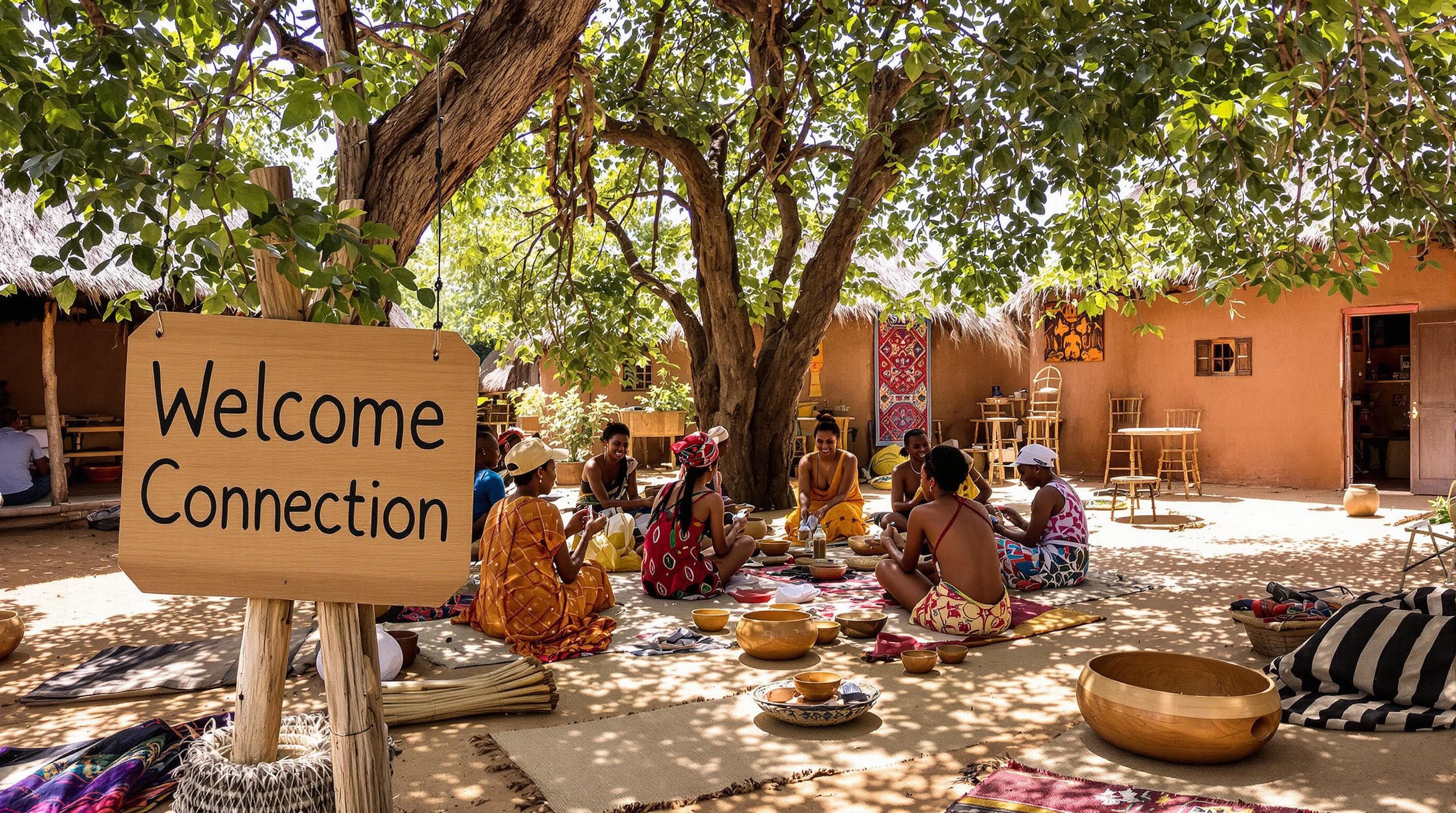 Travelers and locals sharing stories and crafts with 'Cultural Connection' on a wooden sign
